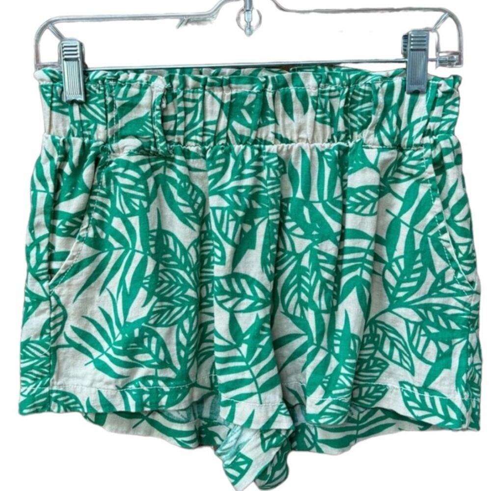 Cali 1850 Women’s Green Tropical Print Linen Blend Paperbag Shorts Size Small